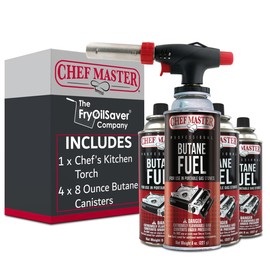 Butane Torch Lighter w/ 4 x 8oz. Butane Fuel Tin Canister Combo, Refillable Kitchen Torch & Adjustable Flame Cooking Torcher for Creme Brulee, Dessert, Meats, Indoor & Outdoor BBQ by Chef Master 90022