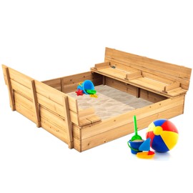 Best Choice Products Kids' Outdoor Wooden Sandbox Large, Cedar Wood with Foldable Bench Seats and Sand Protection, Bottom Liner Included - Natural