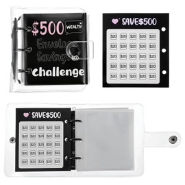 Grevosea Mini Money Saving Binder, 500 Money Saving Challenge Book Black Budget Binder with 25 Envelopes for Cash Saving Office Home Class Prize Exchange Gift (Saving 500)