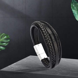 Generic Woven Braided Leather Mens Bracelet 20cm Cuff Bangle Wristband, Vintage Style - Black Silver Metal