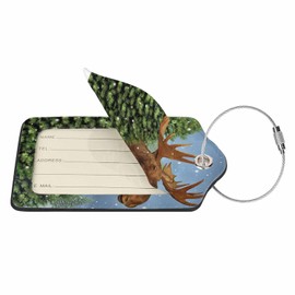 Numland Luggage Tag Winter Moose Elk,Stainless Steel Ring Leather Luggage Tag for Travel Bag Suitcase