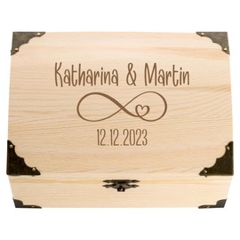 4you Design Wooden Wedding Treasure Chest with Engraving - Infinity 2 Name & Date Motif - Wedding Gift for Bride and Groom - Perfect as Packaging or Money Gift - L18 x W13 x H10 cm