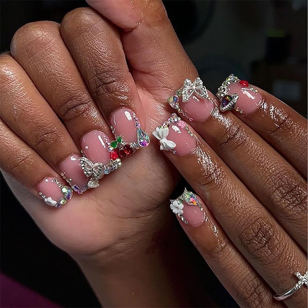 Short Press on Nails with Charms, Short Square Fake Nails