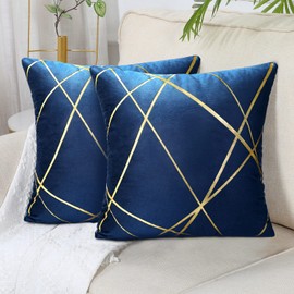 Cushion Cover 40 x 40 cm Velvet Cushion Cover Navy Blue Decorative Pillow Covers Gold Lines Geometry Cushion Living Room Bedroom Bench Cushion Sofa Set of 2