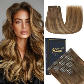 HotLulana Clip-In Real Hair Extensions, 7 Pieces, 40 cm, 120 g, Invisible Remy Hair Extensions, 16 Inches, Skin Weft 4/4/27#