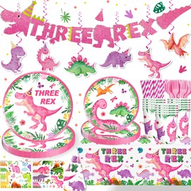 Yingoto Three Rex Birthday Decorations Girl with Trex Banner, 25 Serves Dinosaur Disposable Tableware Set, with Trex Banner Plates Napkins and Cups Table Cloth for 3rd Pink Dinosaur Themes Party Kids