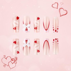 Valentine’s Day Press on Nails Medium Square Fake Nails Pink French Tip False Nails with Designs Heart Lip Glue on Nails 3D Cute Bow Stick on Nails Full Cover Artificial Nails for Women 24 Pcs