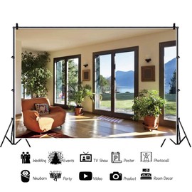 OERJU 8x6ft Business Office Photography Backdrop Green Plants Lakeside Empty Office Wooden Plank Photo Background Lawn Sunlight Mountain Interior House Video Conference Backdrop Photo Booth