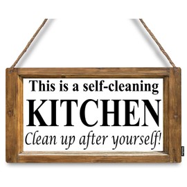 Mdulftar Kitchen Door Sign This is a Self-cleaning Kitchen Clean Up After Yourself Quote Rustic Wooden Hanging Sign 12" x 6" Rectangular for Home Farmhouse Wall Decor
