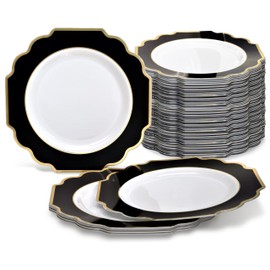 " OCCASIONS " 240 Plates Pack, Heavyweight Disposable Wedding Party Plastic Plates (8'' Appetizer/Dessert Plate, Imperial in White Black & Gold)