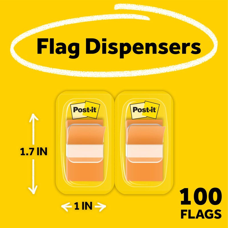 Post-it Flags, 50/Dispenser, 2 Dispensers/Pack, 1 in Wide, Orange (680-OE2)