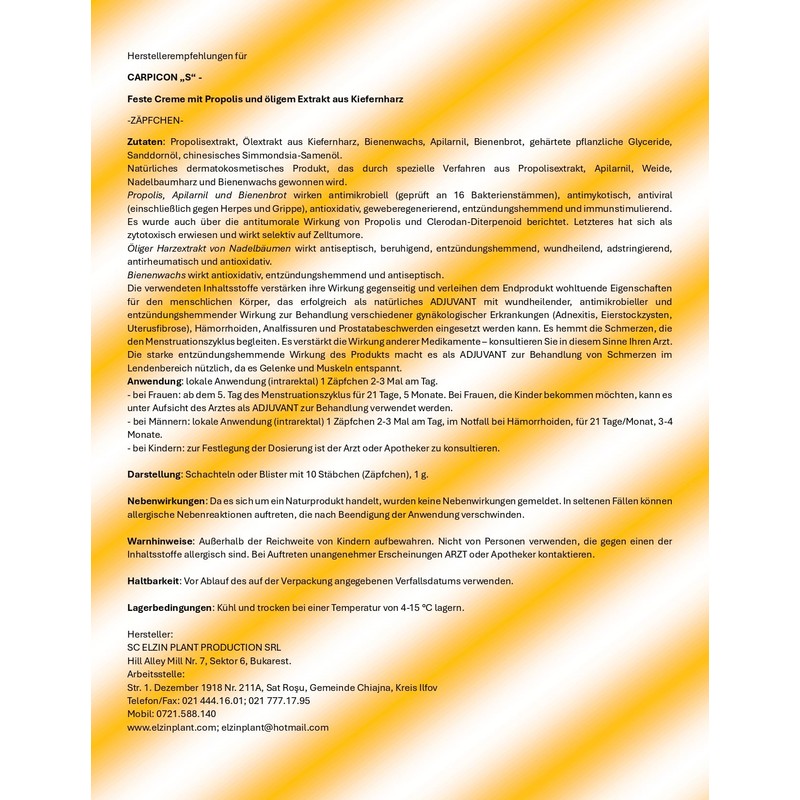 10 Suppositories with Propolis Extract, Oily Extract of Pine Resin