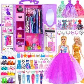 11.5 inch Girl Doll With Doll Closet Wardrobe Clothes and Accessories, Princess Gowns, Fashion Slip Dresses, Outfits, Bikini, Shoes Rack, Hangers, Necklace, Crown for 3+ Years Girls (include doll)