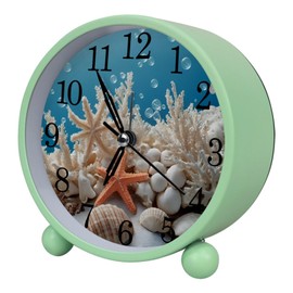 Sea Coral Shells Silent Analog Alarm Clock with Light, Easy to Set Gentle Wake Bedside Table Clock, Battery-Operated, Suitable for Home, Dorm, Office Desk, (Green, 4.3 Inch)