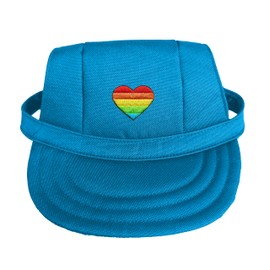 Rainbow Heart Dog Hat Cap Sun Visor | Adjustable Neck Strap with Ear Holes | Pride | Cute & Trendy Pet Accessory with Patch Detail |DC, Turquoise, Large Patch 1