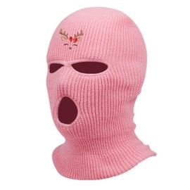 Reindeer Christmas Ski Mask Embroidered 3-Hole Mask Winter Ugly Xmas Balaclava (Light Pink)