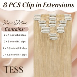 TESS Clip in Hair Extensions Real Human Hair Blonde Remy Seamless 8 Pieces Straight Short for Women/Girls (#24 Natural Blonde, 10 Inch 50g)