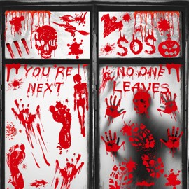 AhfuLife 108Pcs Halloween Window Stickers, 9 Sheets Reusable Halloween Window Clings Removable Stickers for Kids Home Window Indoor Party Decorations (Blood Handprint)