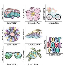 8PCS Flowers Car Scenery Embroidered Fabric Patches for Clothes, Bicycles Cars Sea WaveStriped Sewing Iron On Patches, DIY Embroidered Applique, Iron on Transfers Patch for Backpacks, Hats, Jackets, T