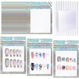 Sawvolker 100 PCS Press On Nails Packaging Bag Holographic Nail Storage Bag and 100PCS Shiny White Pearl Card with 7 Sheets Pre-cut Nail Tape (Laser Dot)