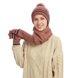 Hilmocho Women Hat Scarf and Touchscreen Gloves Set Winter Warm Knitted Beanie Hat Fleece Lined Neck Warmer Gloves 3 in 1 Cold Weather Set