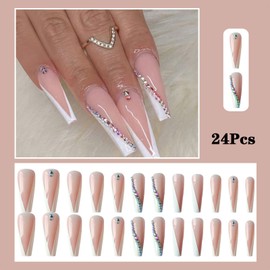 French Tip Press on Nails Ballerina Fake Nails with Glitter Gradient Rhinestones Design False Nails with Glue on Nails Acrylic Nails Decoration Stick on Nails for Women Girls 24Pcs