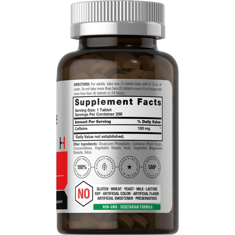 Horbäach Caffeine Pills 100mg | 250 Tablets | Vegetarian Formula