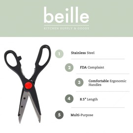 Beille Stainless Steel Kitchen Scissors Food Prep 8.5 Inch Cutlery Shears Black