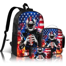 American Flag Football Print Backpack 3pcs Sports Theme School Bag with Lunch Box and Pencil Case Computer Backpacks Book Bag Travel Hiking Camping Gym Daypack Backpack for Kids Boys 8-12