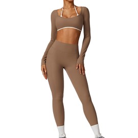 AGYMNX Workout Sets for Women 2 Piece Outfits Seamless High Waist Leggings Yoga Long Sleeve Crop Tops Athletic Gym Sets