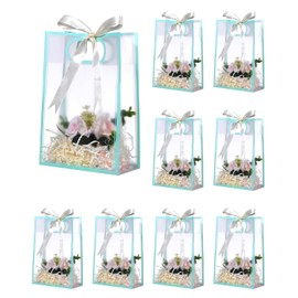 Liobelon 12 Pieces Clear Plastic Gift Bags with Handle Reusable Transparent Gift Bag with Ties PP Gift Wrap Tote Bag with Ribbon for Wedding Bridal Shower Birthday Party 7x10x3.15 Inch (blue)