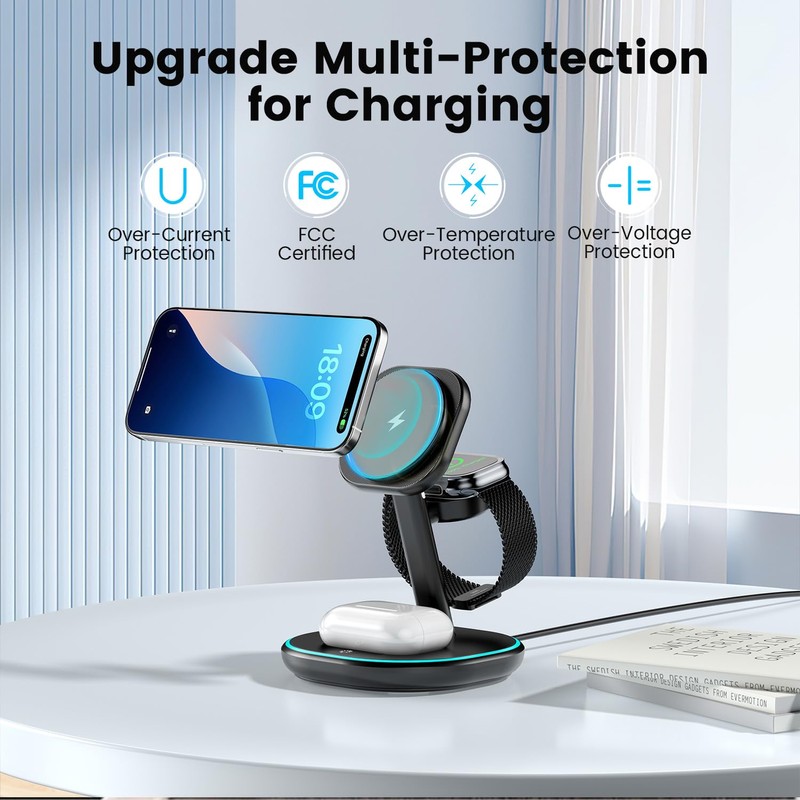 3 in 1 Wireless Charging Station for Multiple Devices Black