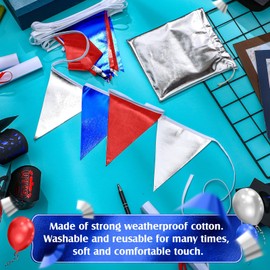 Tatuo 40ft Red Blue Silver Party Decorations Fabric Pennant Banner Triangle Flag Bunting Garland for Patriotic 4th of July USA American Independence National Day Birthday Wedding Outdoor Decor