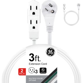 GE 3-Outlet Flat Extension Cord 3 Ft Grounded Extension Cord with Multiple Outlets 3 Prong Outlet Extender Flat Plug Power Strip Indoor Extension Cord 16 Gauge UL Listed 2 Pack White 69871