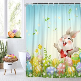 Caheansi Happy Easter Shower Curtain, Funny Rabbit Spring Flowers Colorful Easter Egg Bathroom Curtain Waterproof Fabric Machine Washable with Hooks, 72" Wx72 L
