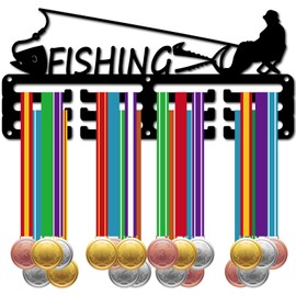 CREATCABIN Fishing Medal Holder Display Medal Hanger Rack Metal Hooks Wall Mount Iron Small Frame Sports Medal Hangers Organizer for Hanging Over 40 Medals Awards Angling Medalist 11.4 x 5.1Inch Black
