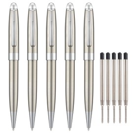 5 PCS Silver Ballpoint Pens with Extra Refills Set, 1mm Medium Point Black Ink, Great Smooth Writing Metal Pen for Business Office Teacher Student Wedding Guest Gift (Silver Trim)