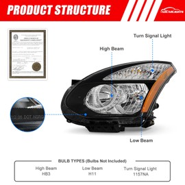 ADCARLIGHTS for 2008 2009 2010 2011 2012 2013 Nissan Rogue Headlight Assembly Compatible with 2004 2005 Nissan Rogue Select Headlamp with Clear Lens Black Housing Amber Reflector Replacement Pair