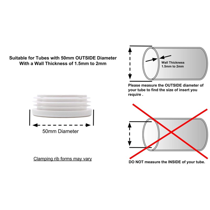 50mm Plastic End Caps, White Tube Inserts, Pack of 4