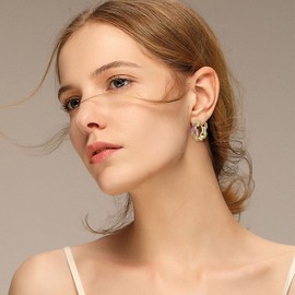 925 Sterling Silver Post Hoop Earrings for Women Multicolored Crystal Cubic Zirconia Chunky Silver Gold Hoop Earrings Fine Jewelry Gifts for Her (Goldmulticolor)