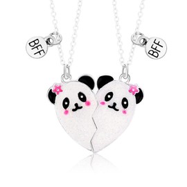 CERSLIMO Best Friend Necklace Heart Friendship Necklace, Matching Bff Necklace for 2 Girls | Magnetic Panda Necklaces Teen Girl Kids Jewellery for Women Graduation Birthday Christmas Gifts, Silver