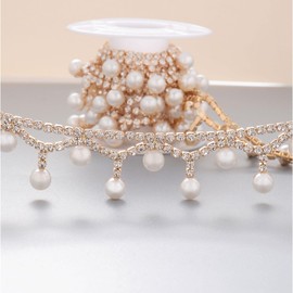 Jerler 1 Yard Pearl Tassel Rhinestone Trim, Inlaid Pearl Beaded Chain, Crystal Applique Ideal for DIY and Wedding Party Decoration Bridal Embellishments, 0.8" Width (Tassels Pearl)