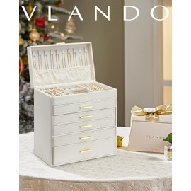 Vlando 6 Layer Large Jewelry Box - Jewelry Holder Organizer, Jewelry Box Organizer for Drawer Necklace Ring Bracelet and Watch, Birthday Gift for Loved Ones - Beige