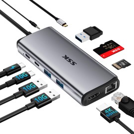 SSK USB C Hub Ethernet(10 in 1),10Gbps USB C Splitter Multiport Adapter with 4K60Hz HDMI,10Gbps USB C and 2 USBA,100W PD,Ethernet,SD/TF USB3.2 Gen 2 Thunderbolt Hub Dock for MacBook Pro HP Lenovo