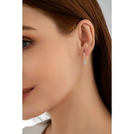 Serenity Sleepers 925 Solid Sterling Silver Sleeper Huggie Hoop Charm Earrings For Women | Starburst Star | Dainty Zirconia Earrings - Mini Star Hoops