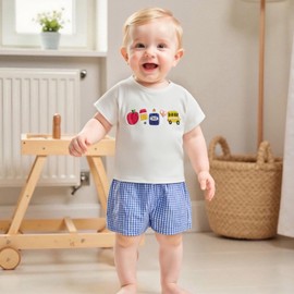 wybzd Toddler Baby Boy Girl Back To School Outfits First Day of Preschool T-Shirt Top Gingham Shorts Sets Kindergarten Outfit (Blue, 5-6T)