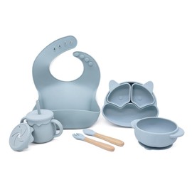 Baby Feeding Essentials, Baby Led Weaning Supplies, Silicone Baby Feeding Set, with Baby Spoon, Fork, Baby Bib, Sippy Cup, Suction Plate, Suction Bowl, Baby Eating Essentials, 6+ Months (Dusty Blue)