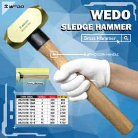 WEDO Brass Sledge Hammer 5lb, Club Hammer with Wooden Handle, Drilling Hammer, Flat Hammer, Die-Forged, Corrosion Resistant, 16" Length