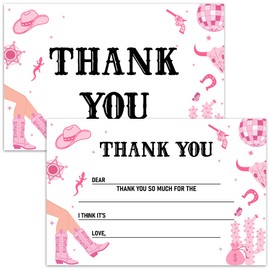 Cowgirl Thank You Cards for Kids, Fill In The Blank Thank You Cards for Pink Cowgirl Theme Birthday Party Supplies Decor, Thank You Notes for Boys Girls, 20 Cards With 20 Envelopes – (Ganxie02)