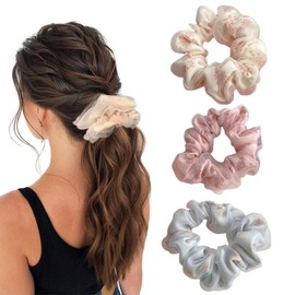 Aikeis 3 Pieces Flower Mesh Colon Hair Scrunchies for Women and Girls, Romantic Aesthetic Headband, Oversized Chiffon, Elastic and Cute (Pink, Beige, Blue)